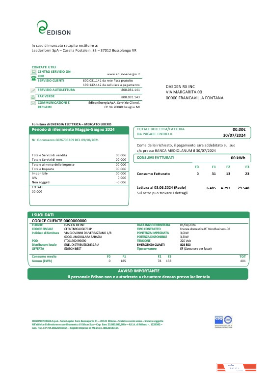 Italy Edison business utility bill template in Word and PDF formats, good for address prove